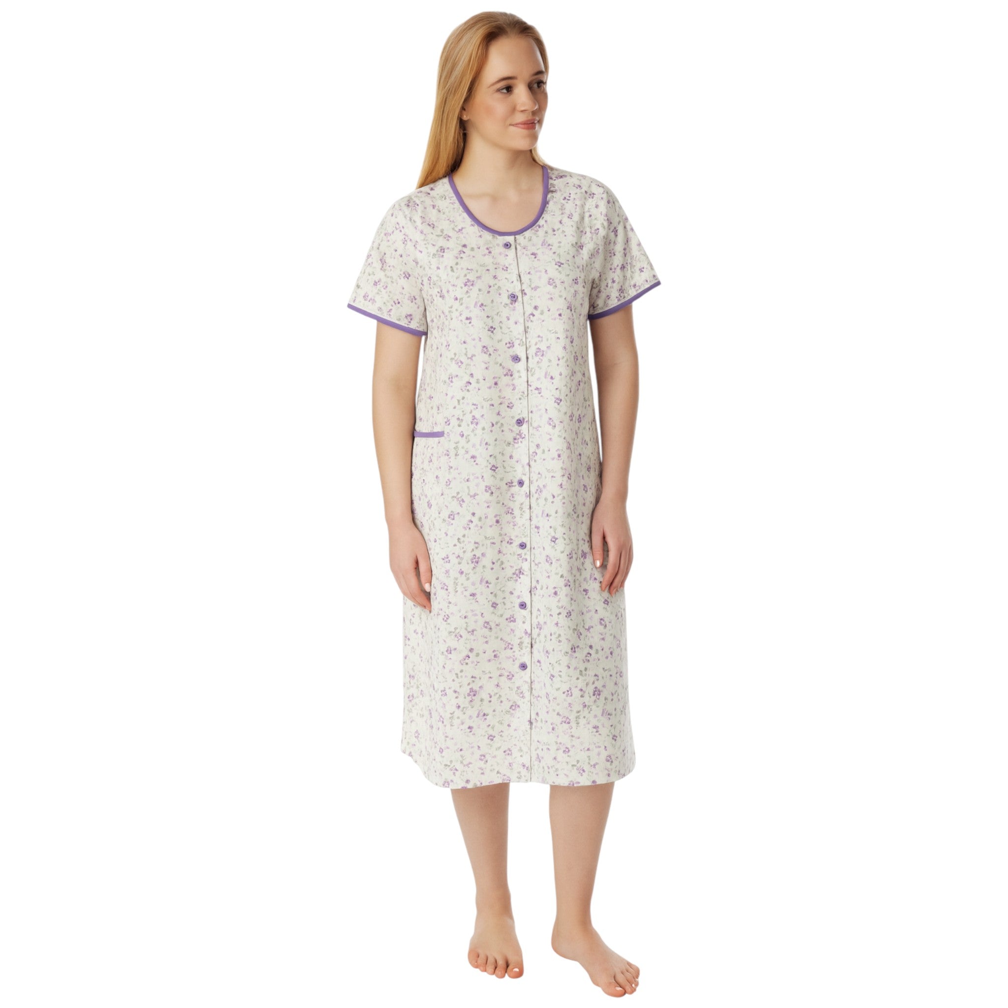 Ladies floral vine button front nightdress – short sleeve, lightweight cotton nightie with purple trim and front pocket, comfortable sleepwear